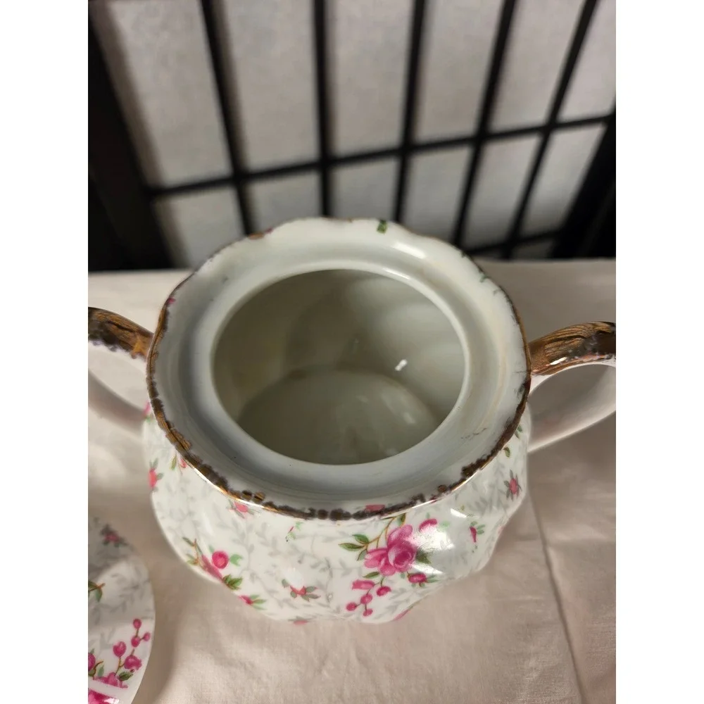 Vintage Porcelain Pink Rosebud Creamer and Lidded Sugar Bowl Set Gold Trim